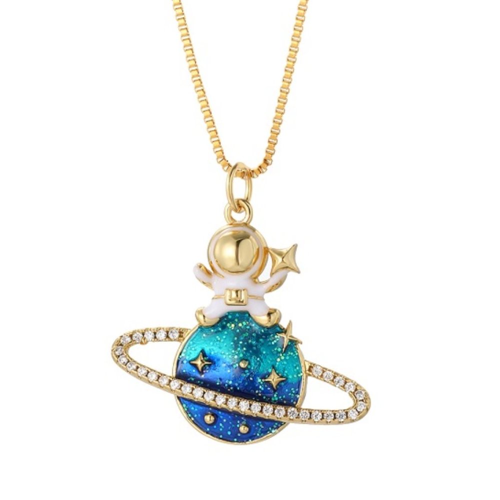 DESIGNER Space Age Saturn Astronaut Gold/Glitter/Clear Zircon Stones Necklace